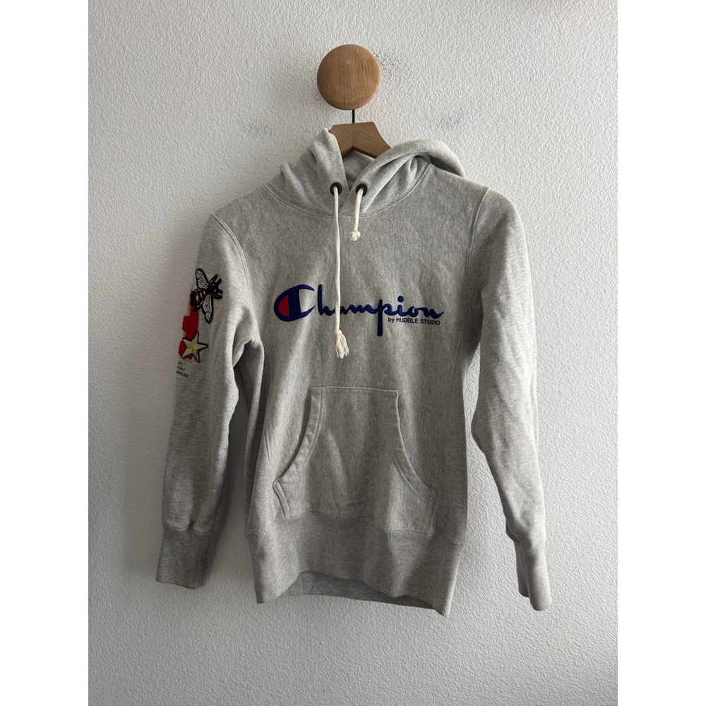 Champion Hubble Studio Gray Reverse Weave Hoodie Chenille Patch Sweatshirt XS